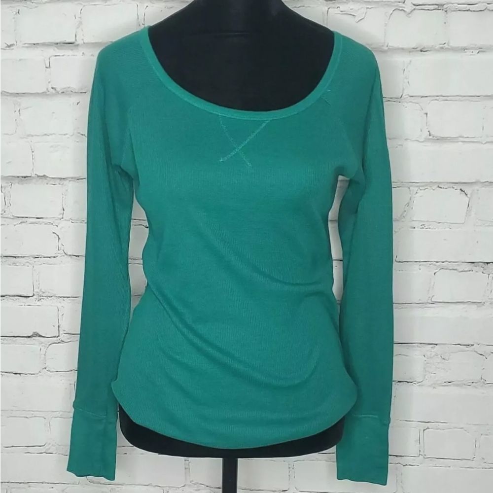 Level Up Women's Long Sleeve Dark Green Waffle Knit Thermal Shirt Size Large